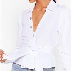 White tie blouse with pearl button accents